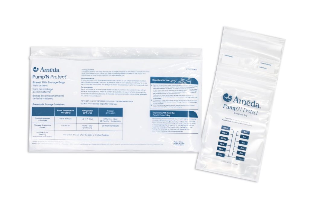 Two Ameda Pump 'N Protect® Milk Storage Bags packages are shown: one lying flat displaying instructions and guidelines, and one standing upright featuring measurement markings and the product logo.