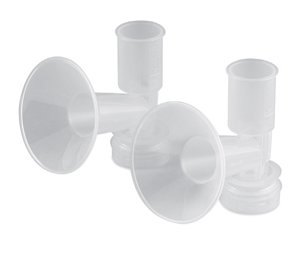 Two clear plastic breast pump funnels with attached containers, positioned side by side on a plain white background.