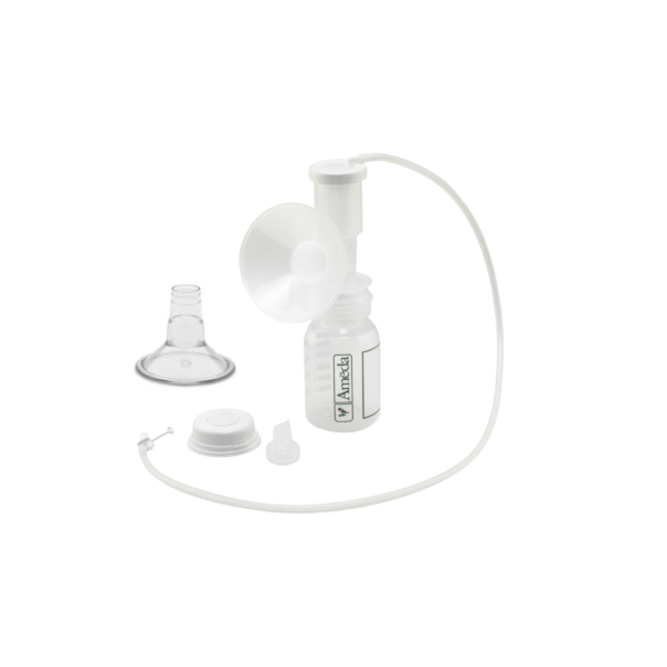 Ameda HygieniKit® sets for short-term use (length of stay) including a bottle, tubing, a breast shield, a valve and other components shown on a white background.